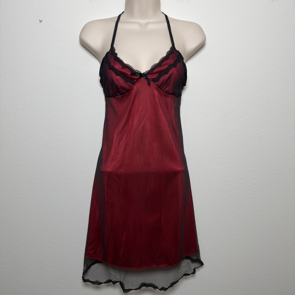 VTG 90s Women Babydoll Slip Dress Small Red Chiffon‎ Bow Vamp Whimsigoth Witchy